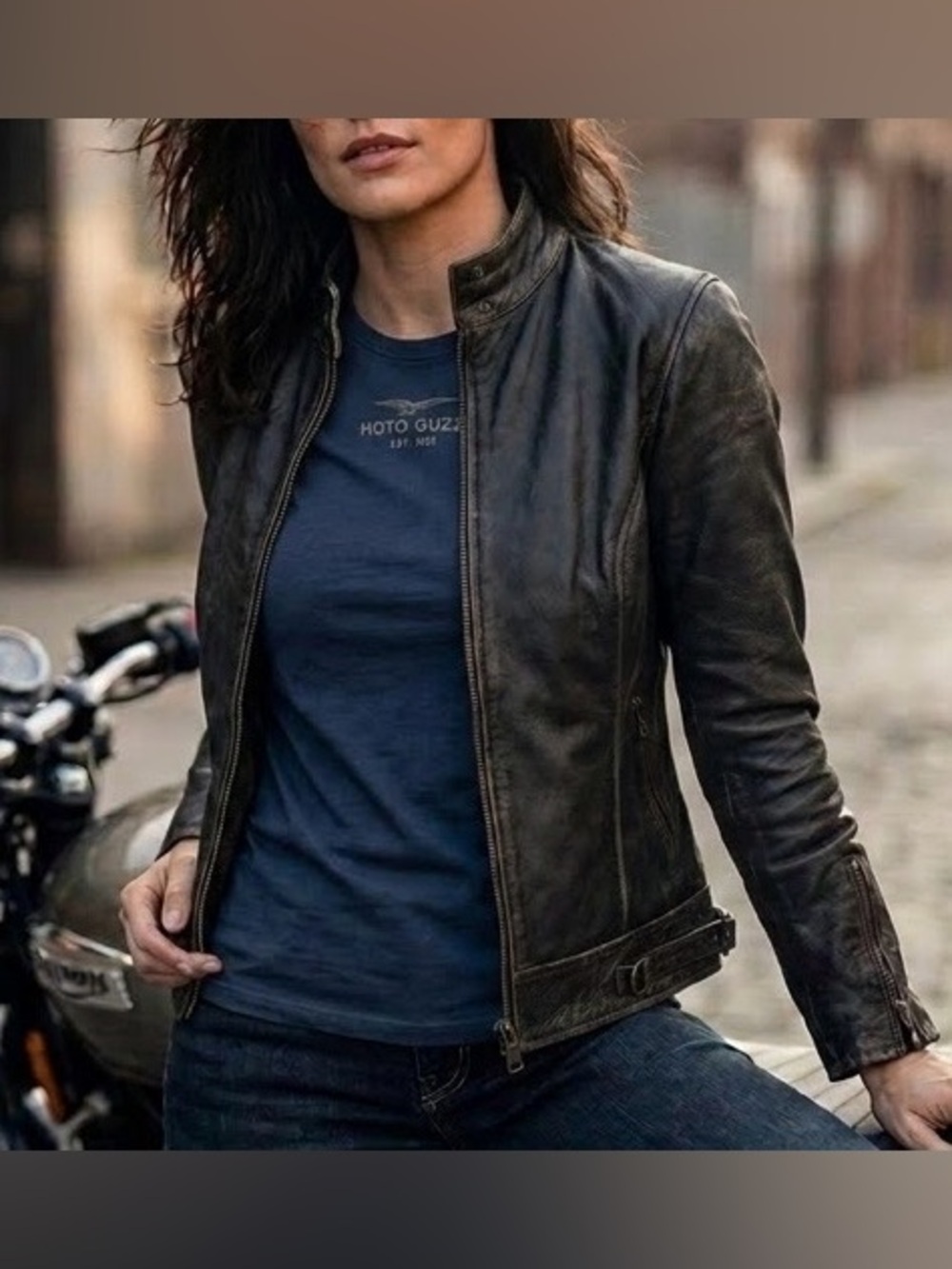 Hight quality Vintage Black Leather Moto Jacket with Brass Hardware